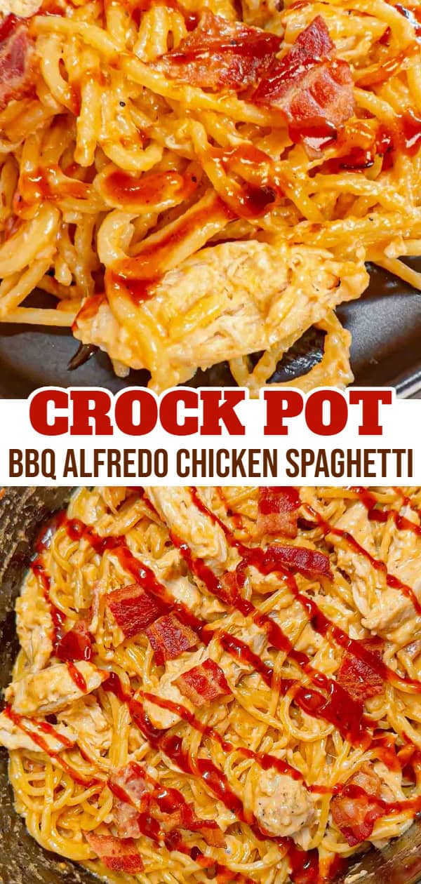 Crock Pot BBQ Alfredo Chicken Spaghetti is a flavourful pasta recipe the whole family will love. This slow cooker spaghetti recipe is loaded with chicken breast chunks and chopped bacon and is all tossed in a creamy garlic parmesan alfredo sauce with some barbecue sauce added for a fun flavour twist.