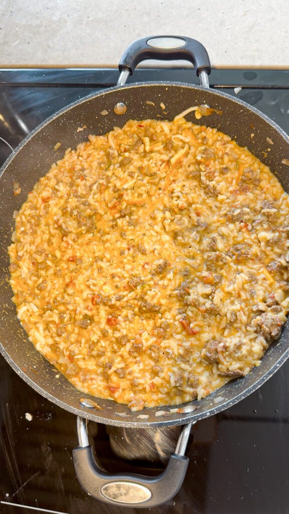 cheesy ground beef and rice in a skillet