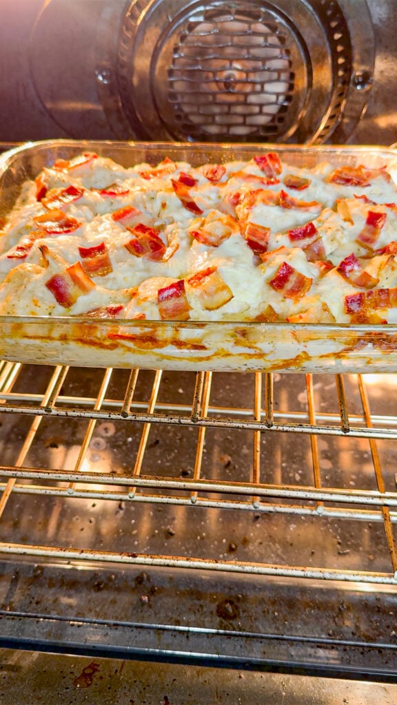 chicken alfredo pierogi casserole baking in the oven