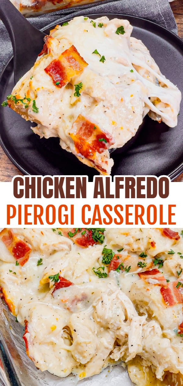Chicken Alfredo Pierogi Casserole is an easy but hearty dinner recipe that combines two beloved classic foods into one dish. This creamy casserole is loaded with shredded rotisserie chicken, alfredo sauce, pierogies, mozzarella cheese and chopped bacon.