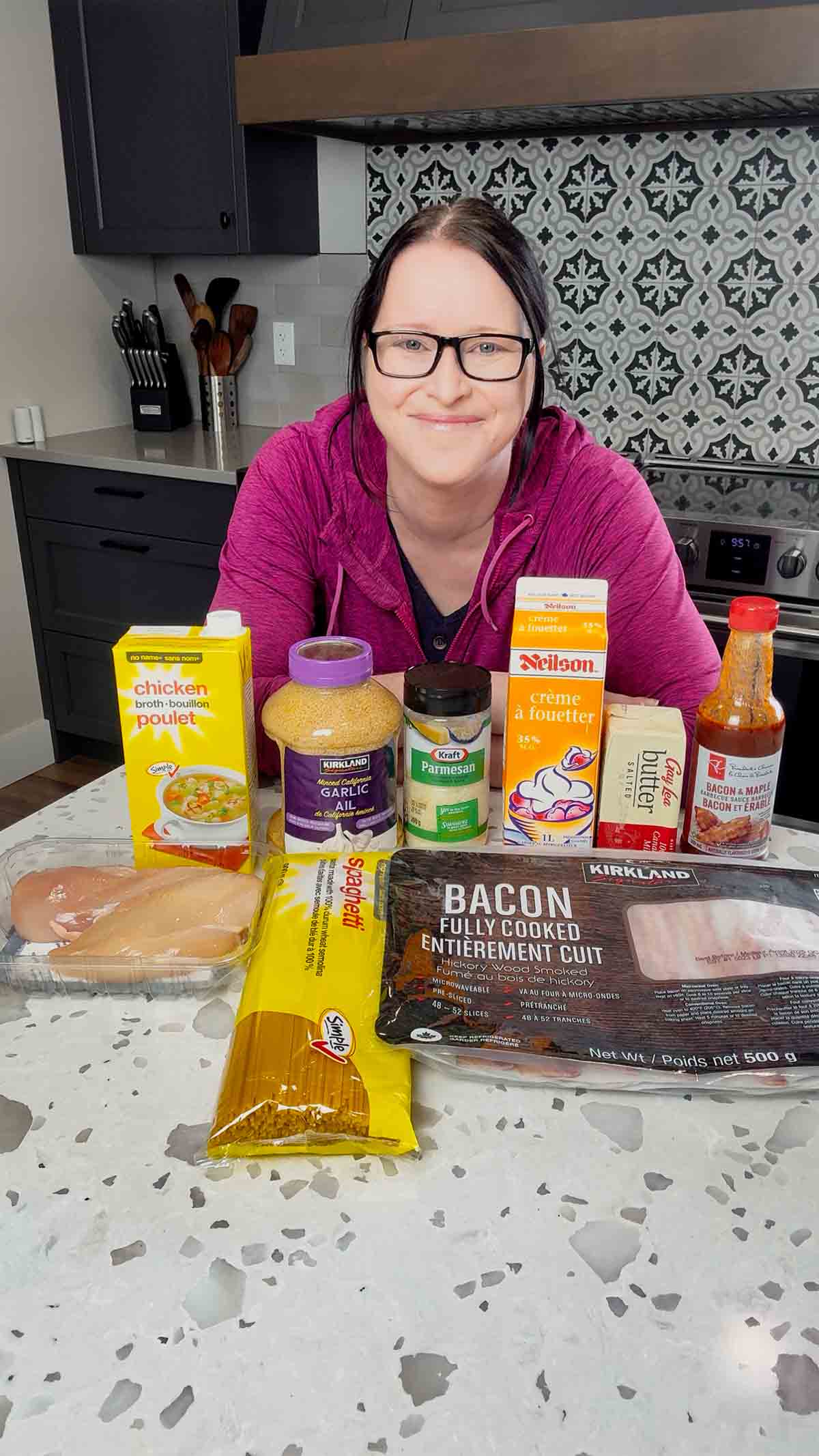 slow cooker bbq alfredo chicken spaghetti ingredients on the kitchen counter