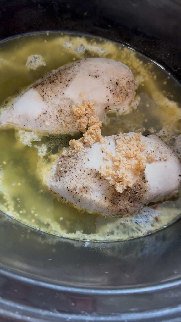 chicken breasts after cooking in a slow cooker