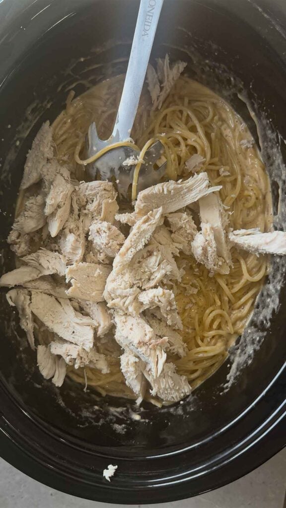 sliced chicken breasts added to crock pot with bbq alfredo spaghetti