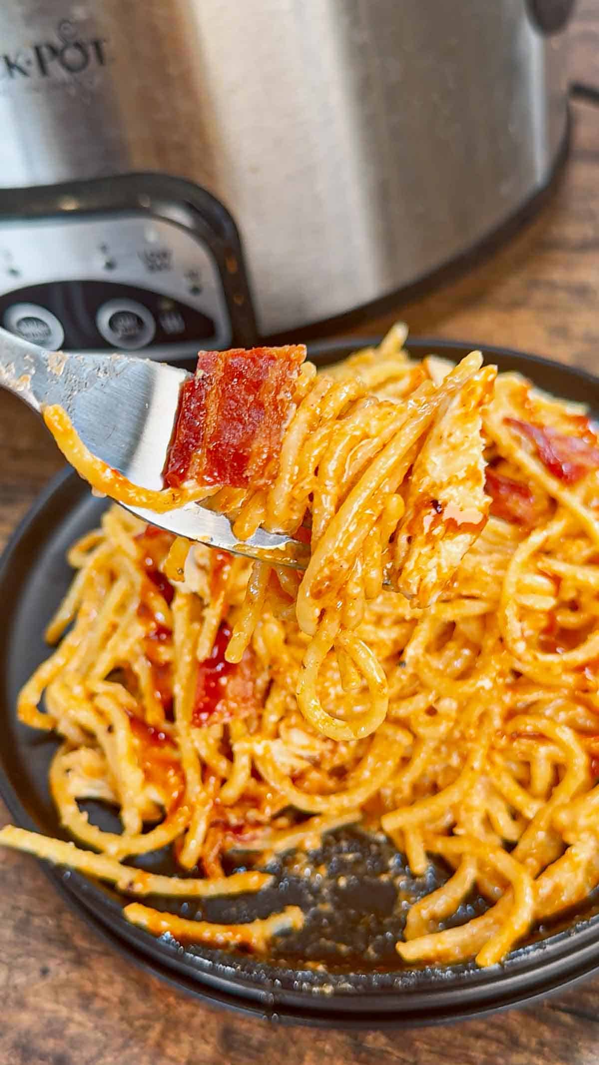 Crock Pot BBQ Alfredo Chicken Spaghetti is a flavourful pasta recipe the whole family will love. This slow cooker spaghetti recipe is loaded with chicken breast chunks and chopped bacon and is all tossed in a creamy garlic parmesan alfredo sauce with some barbecue sauce added for a fun flavour twist.