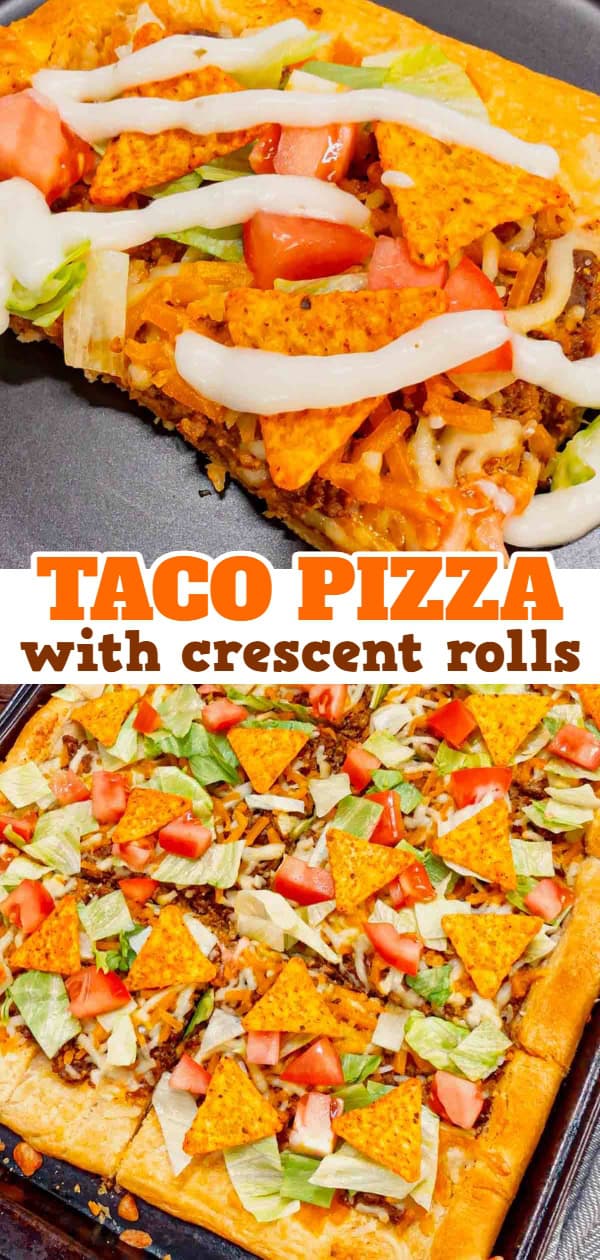 Taco Pizza with Crescent Rolls is a family friendly ground beef dinner recipe perfect for busy weeknights. This tasty pizza starts of with a Pillsbury crescent roll crust and is topped with a ground beef and cream cheese taco mixture, shredded nacho cheese, lettuce, tomatoes and mini Doritos nacho chips.