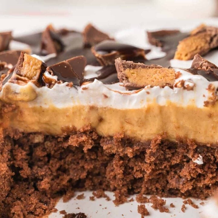 Peanut Butter Poke Cake is a delightfully rich and moist cake that is perfect for chocolate and peanut butter lovers. This easy cake recipe uses a boxed chocolate cake mix, vanilla pudding mix and creamy peanut butter and is topped with Cool Whip and chopped Reese's peanut butter cups.
