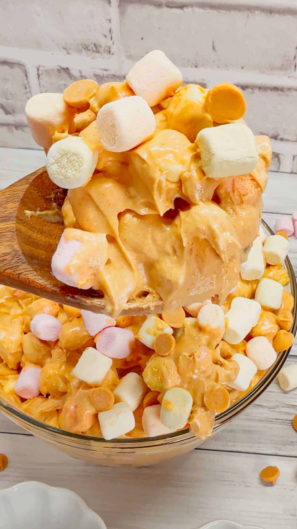Peanut Butter Butterscotch Confetti Fluff is an easy no bake dessert recipe perfect for potlucks and gatherings. This tasty dessert made with butterscotch pudding, cream cheese, peanut butter, Cool Whip, butterscotch chips and colourful mini marshmallows is inspired by the classic peanut butter butterscotch marshmallow squares we all love.