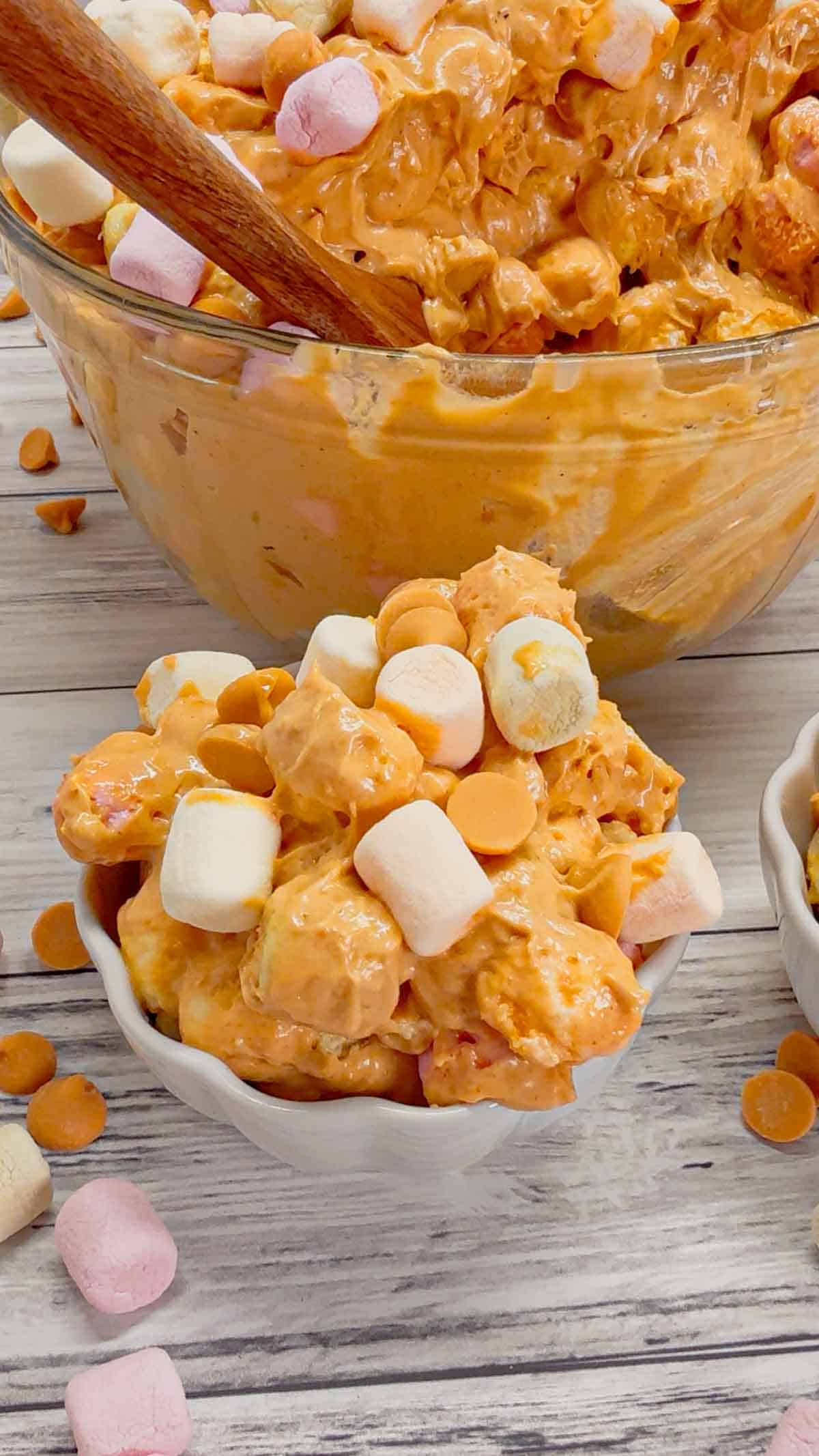Peanut Butter Butterscotch Confetti Fluff is an easy no bake dessert recipe perfect for potlucks and gatherings. This tasty dessert made with butterscotch pudding, cream cheese, peanut butter, Cool Whip, butterscotch chips and colourful mini marshmallows is inspired by the classic peanut butter butterscotch marshmallow squares we all love.