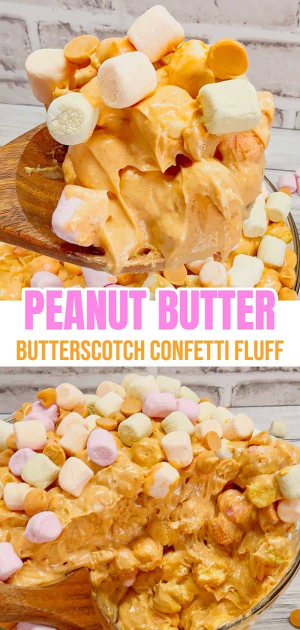 Peanut Butter Butterscotch Confetti Fluff is an easy no bake dessert recipe perfect for potlucks and gatherings. This tasty dessert made with butterscotch pudding, cream cheese, peanut butter, Cool Whip, butterscotch chips and colourful mini marshmallows is inspired by the classic peanut butter butterscotch marshmallow squares we all love.