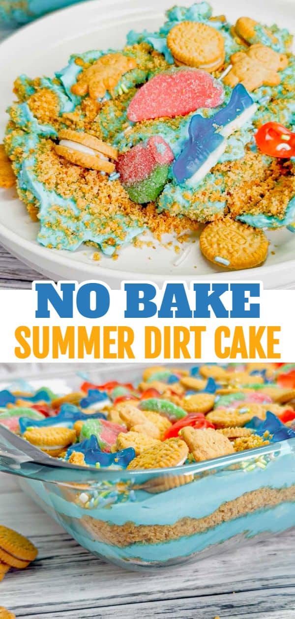 Summer Dirt Cake is an easy no bake dessert recipe perfect for parties and potlucks. This beach themed dirt cake is made with golden Oreo and graham cracker crumbs, layered with a delicious cream cheese and vanilla pudding mixture and all topped with mini cookies and beach themed gummy candies.