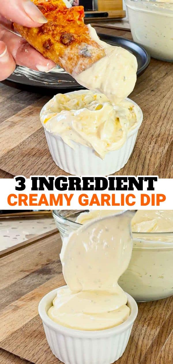 3 Ingredient Creamy Garlic Dip is an easy way to enjoy garlic dip at home without having to load up on those packets from your favourite pizza joint. This dip is made with store bought garlic spread, mayo and sour cream.