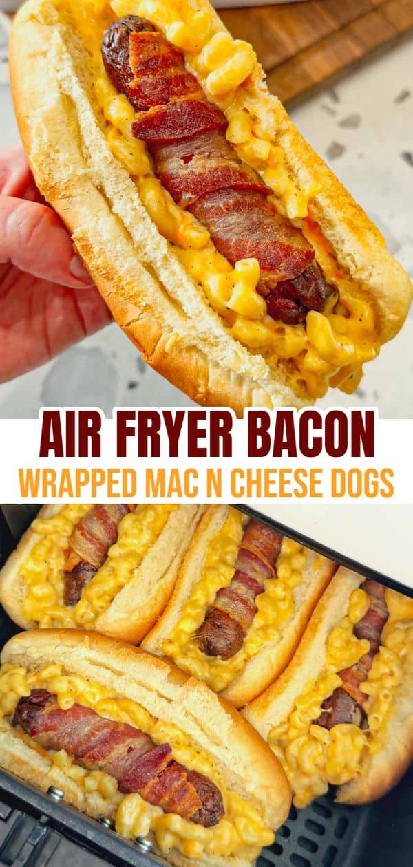 Air Fryer Bacon Wrapped Mac and Cheese Dogs are a fun and easy dinner the whole family will love. The bacon wrapped wieners are air fried until crispy and then placed on buns loaded with creamy mac and cheese and toasted to perfection.