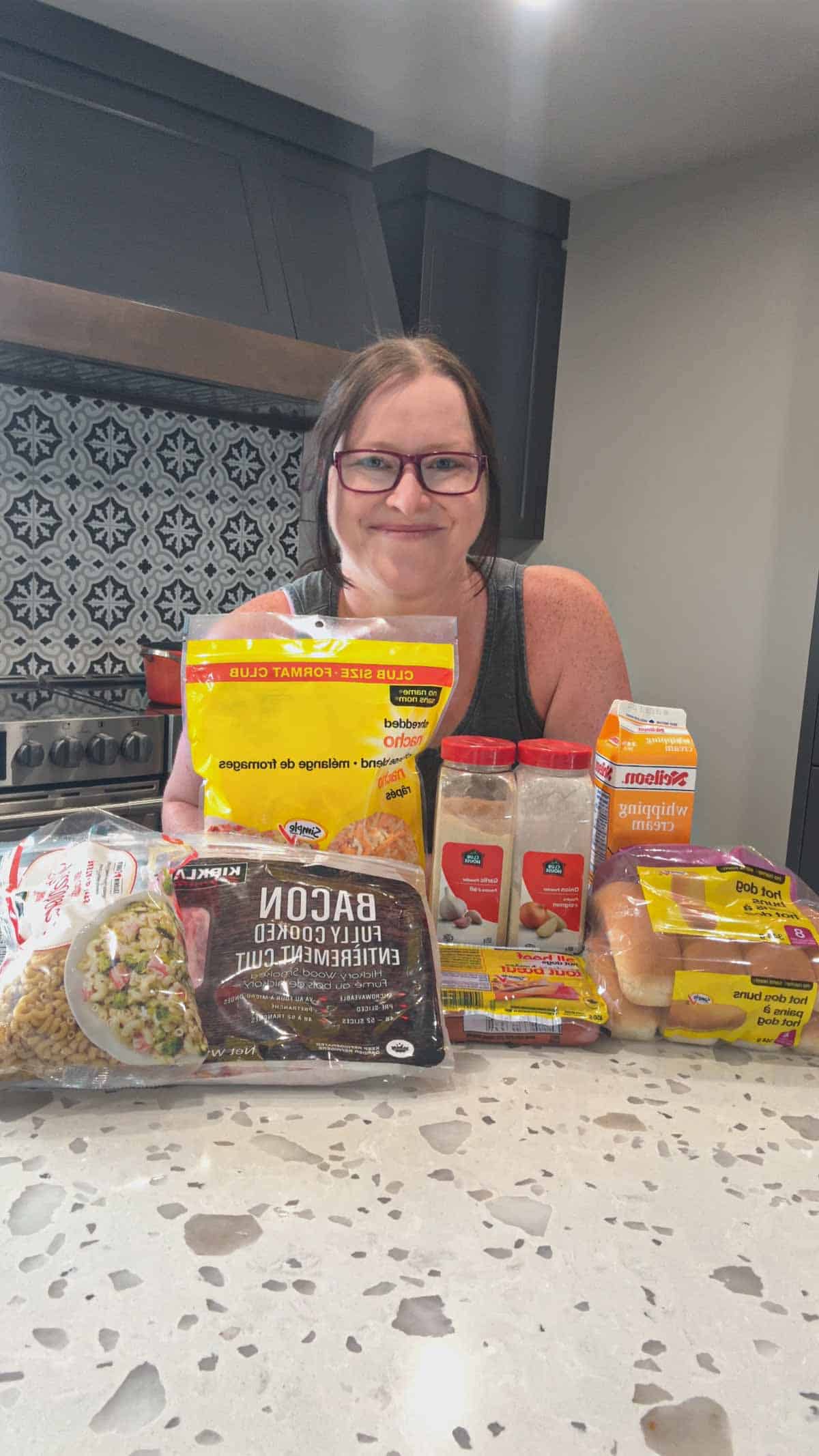 air fryer bacon wrapped mac and cheese dog ingredients on the kitchen counter