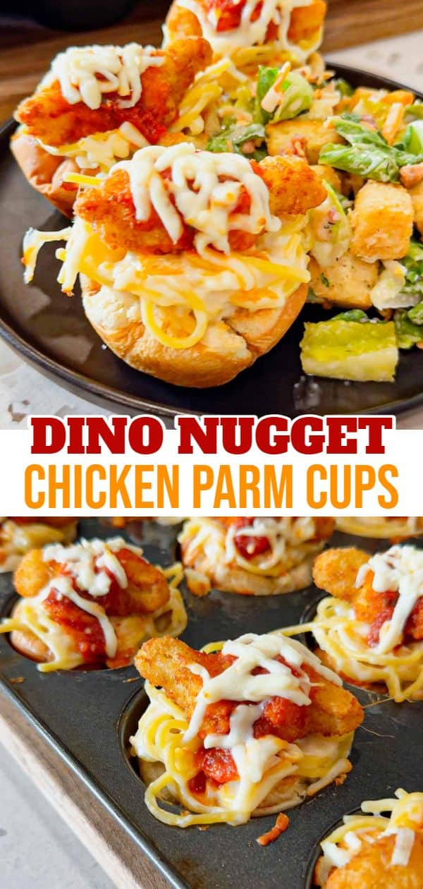 Dino Nugget Chicken Parm Cups are a fun and easy muffin tin dinner the whole family will love. Hamburger buns are spread with garlic butter, baked in muffin tins and stuffed with creamy alfredo spaghetti and topped with dino nuggets, marinara and mozzarella.