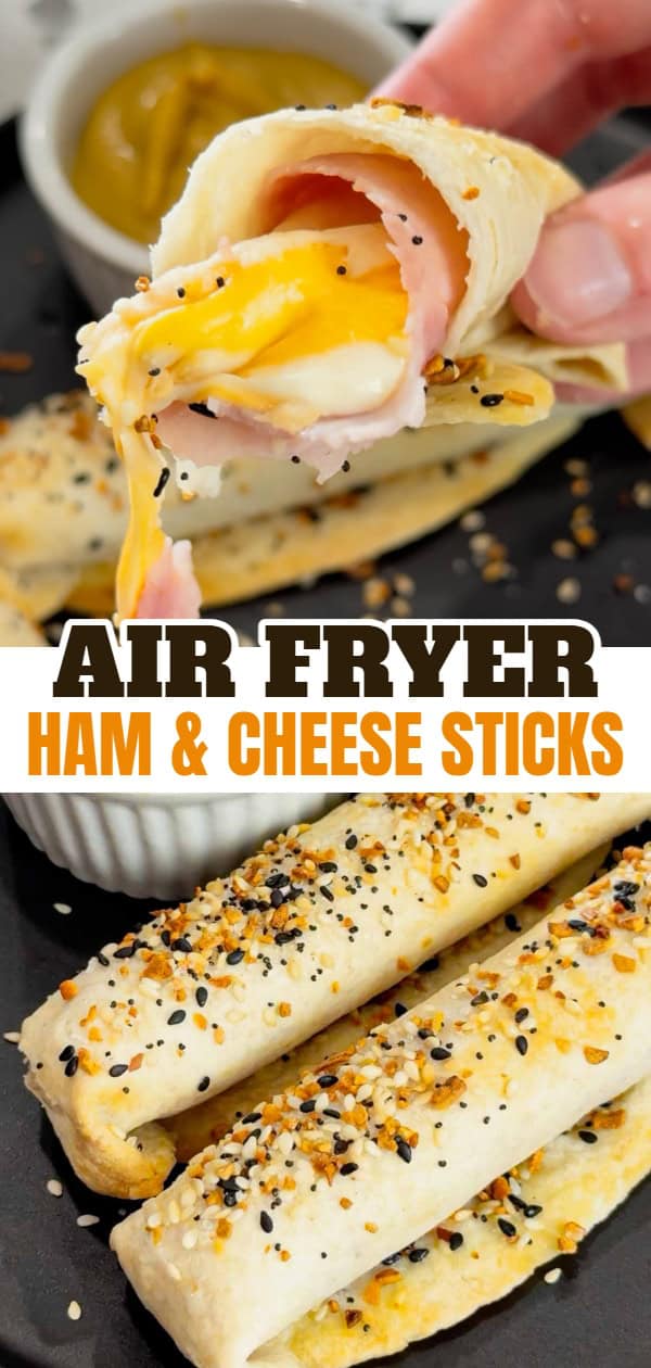 Air Fryer Ham and Cheese Sticks are an easy snack perfect for a quick lunch or party food. Ham and string cheese are rolled up inside flour tortillas, brushed with melted butter and topped with everything bagel seasoning before being toasted to perfection in an air fryer.