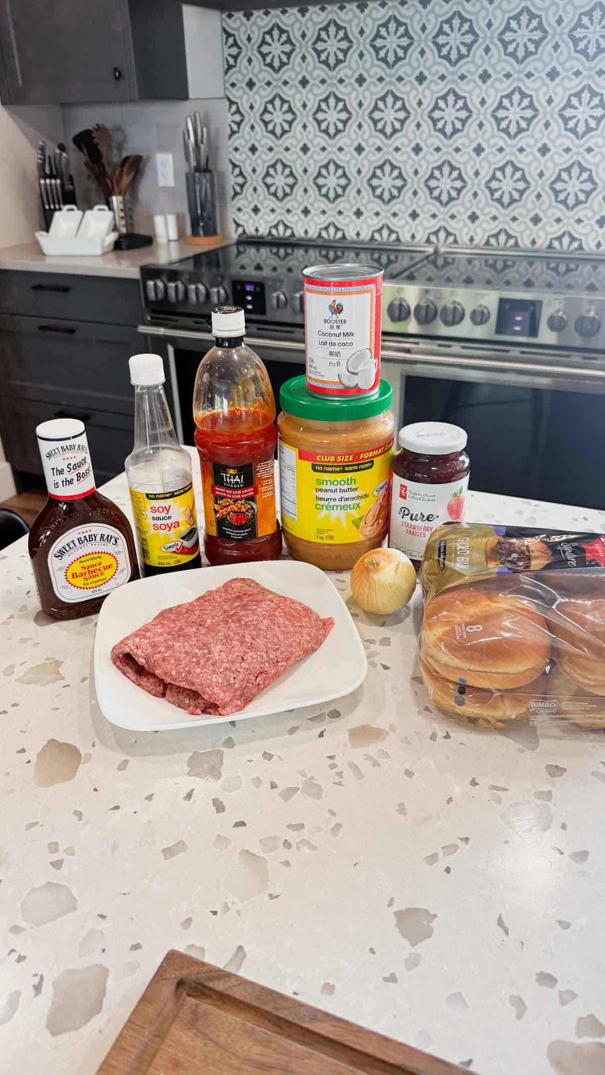 peanut butter and jelly sloppy joe ingredients on the kitchen counter