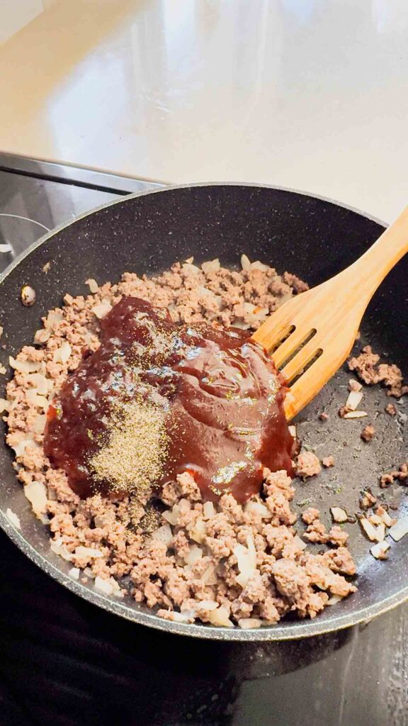 salt, pepper, strawberry jam and bbq sauce in a skillet