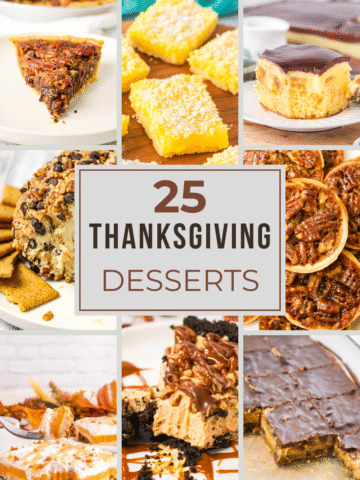25 Thanksgiving Dessert Recipe Ideas - pumpkin pies, pecan pies, pecan pie bars, peanut butter bars, no bakes pies, poke cakes, pumpkin delight and more!