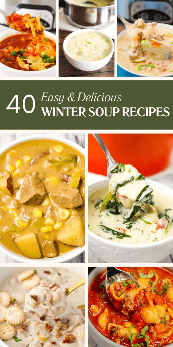 40 easy and delicious winter soup recipes. A variety of hearty soup recipes perfect for cold weather including hamburger soups, potato soups, thick and creamy soups, tomato based soups, chicken soups, noodle soups and more!