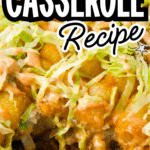 Big Mac Tater Tot Casserole is an easy weeknight dinner recipe idea that is super kid friendly. This ground beef and potato casserole has all the flavours of you favourite fast food sandwich. It starts with a base of ground beef, diced onions and dill pickles and is topped with cheese, tater tots, lettuce and copycat big mac sauce.