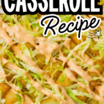 Big Mac Tater Tot Casserole is an easy weeknight dinner recipe idea that is super kid friendly. This ground beef and potato casserole has all the flavours of you favourite fast food sandwich. It starts with a base of ground beef, diced onions and dill pickles and is topped with cheese, tater tots, lettuce and copycat big mac sauce.