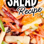 Carrot Apple Salad is a delicious and colourful salad loaded with sliced red and green apples, carrots, dried cranberries and mandarins all tossed in a vanilla yogurt and mayo dressing. This festive side dish is perfect for holiday dinners like Thanksgiving and Christmas as well as summer potlucks.