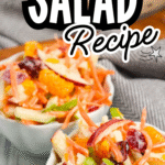 Carrot Apple Salad is a delicious and colourful salad loaded with sliced red and green apples, carrots, dried cranberries and mandarins all tossed in a vanilla yogurt and mayo dressing. This festive side dish is perfect for holiday dinners like Thanksgiving and Christmas as well as summer potlucks