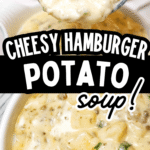 Cheesy Hamburger Potato Soup is the perfect cold weather comfort food for fall and winter. This thick and creamy soup is loaded with ground beef, diced potatoes, green onions and cheddar cheese. If you are looking for an easy weeknight dinner recipe idea using ground beef then you need to give this a try. It is a family friendly meal kids will love.