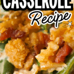 Cream Cheese and Bacon Green Bean Casserole is a classic holiday dinner side dish recipe. This creamy green bean casserole is perfect for Thanksgiving and Christmas. This dish is loaded with frozen cut green beans, cream cheese, onion soup mix, and crumbled bacon all topped with crispy fried onions and Ritz cracker crumbs.