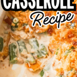 Cream Cheese and Bacon Green Bean Casserole is a classic holiday dinner side dish recipe. This creamy green bean casserole is perfect for Thanksgiving and Christmas. This dish is loaded with frozen cut green beans, cream cheese, onion soup mix, and crumbled bacon all topped with crispy fried onions and Ritz cracker crumbs.
