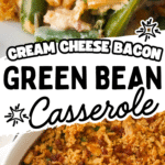 Cream Cheese and Bacon Green Bean Casserole is a classic holiday dinner side dish recipe. This creamy green bean casserole is perfect for Thanksgiving and Christmas. This dish is loaded with frozen cut green beans, cream cheese, onion soup mix, and crumbled bacon all topped with crispy fried onions and Ritz cracker crumbs.