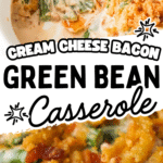 Cream Cheese and Bacon Green Bean Casserole is a classic holiday dinner side dish recipe. This creamy green bean casserole is perfect for Thanksgiving and Christmas. This dish is loaded with frozen cut green beans, cream cheese, onion soup mix, and crumbled bacon all topped with crispy fried onions and Ritz cracker crumbs.