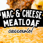 Mac and Cheese Meatloaf Casserole is a fun mashup of two classic comfort food meals. This fun dinner idea starts with a ground beef meatloaf base topped with a ketchup meatloaf glaze followed by a top layer of creamy macaroni and cheese. This is a family friendly dinner recipe the kids will love.