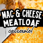 Mac and Cheese Meatloaf Casserole is a fun mashup of two classic comfort food meals. This fun dinner idea starts with a ground beef meatloaf base topped with a ketchup meatloaf glaze followed by a top layer of creamy macaroni and cheese. This is a family friendly dinner recipe the kids will love.