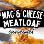 Mac and Cheese Meatloaf Casserole is a fun mashup of two classic comfort food meals. This fun dinner idea starts with a ground beef meatloaf base topped with a ketchup meatloaf glaze followed by a top layer of creamy macaroni and cheese. This is a family friendly dinner recipe the kids will love.