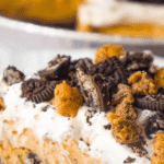 No Bake Oreo Peanut Butter Cup Cheesecake is a decadent dessert perfect for holidays, potlucks and even just to treat yourself on a boring weeknight. This easy no bake dessert starts with an Oreo cookie pie crust and has a creamy peanut butter cheesecake filling topped with whipped cream, peanut butter cups and crumbled Oreos.