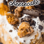 No Bake Oreo Peanut Butter Cup Cheesecake is a decadent dessert perfect for holidays, potlucks and even just to treat yourself on a boring weeknight. This easy no bake dessert starts with an Oreo cookie pie crust and has a creamy peanut butter cheesecake filling topped with whipped cream, peanut butter cups and crumbled Oreos.