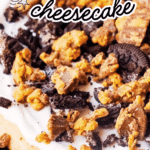 No Bake Oreo Peanut Butter Cup Cheesecake is a decadent dessert perfect for holidays, potlucks and even just to treat yourself on a boring weeknight. This easy no bake dessert starts with an Oreo cookie pie crust and has a creamy peanut butter cheesecake filling topped with whipped cream, peanut butter cups and crumbled Oreos.