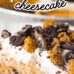 No Bake Oreo Peanut Butter Cup Cheesecake is a decadent dessert perfect for holidays, potlucks and even just to treat yourself on a boring weeknight. This easy no bake dessert starts with an Oreo cookie pie crust and has a creamy peanut butter cheesecake filling topped with whipped cream, peanut butter cups and crumbled Oreos.