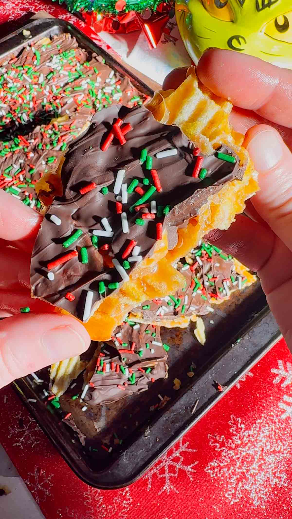 This Potato Chip Christmas Crack is the ultimate sweet-and-salty holiday treat that disappears fast. Made with crispy potato chips, homemade buttery toffee, melted chocolate, and topped with festive sprinkles, this easy no-bake Christmas crack recipe is perfect for holiday parties, cookie trays, and edible gifts.