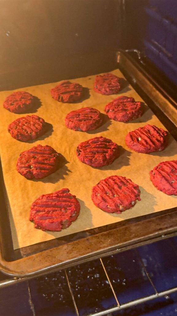baking red velvet shortbread cookies in the oven