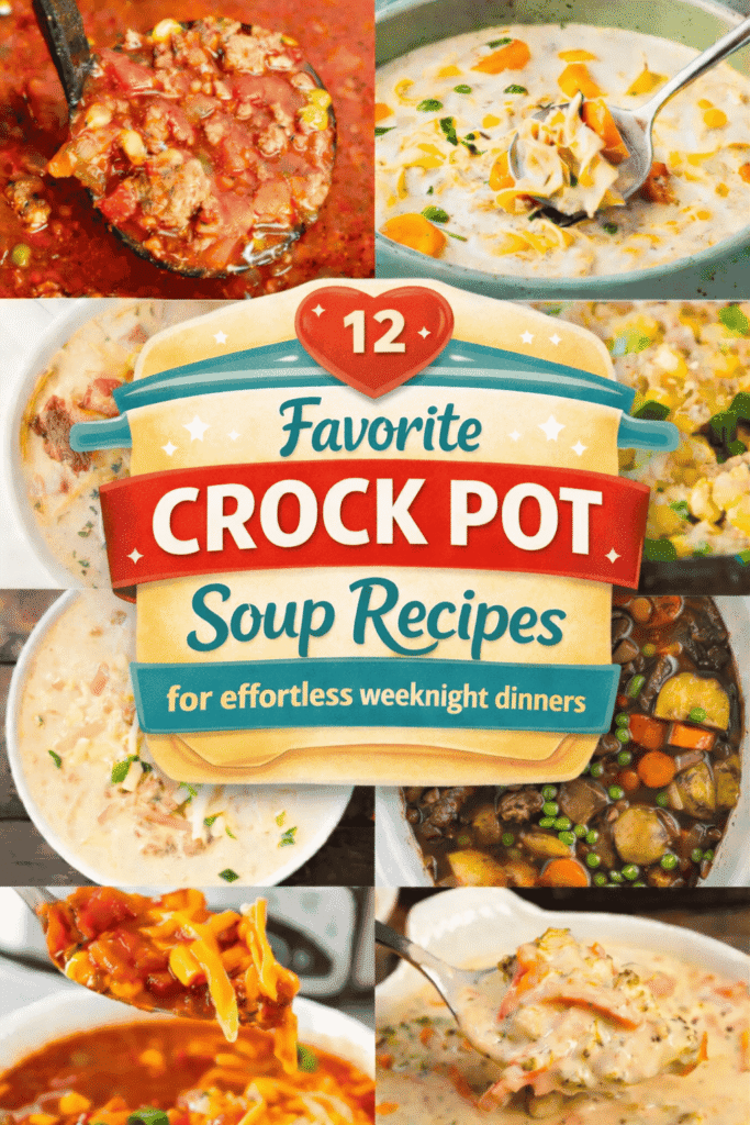 12 crock pot soup recipes that make cozy comfort food dinners completely effortless. This collection includes hearty slow cooker soups, rich beef stews, creamy chicken soups, and thick, flavorful chili recipes perfect for busy weeknights and cold weather meals. These easy crock pot dinners are family friendly, budget friendly, and great for picky eaters. Just dump the ingredients into your slow cooker and let it simmer into a warm, filling meal. Perfect for meal prep, freezer friendly dinners, make ahead meals, school night cooking, and easy family dinners when you need something simple, hearty, and satisfying without spending hours in the kitchen.