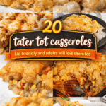 Easy tater tot casserole recipes that are perfect for busy weeknights and comfort food dinners. This collection includes ground beef tater tot casserole, hamburger casseroles, cheesy chicken tater tot bake, breakfast tater tot casserole with sausage, vegetarian and no meat options, green bean tater tot casserole, and even crock pot tater tot recipes. These easy family dinners are budget friendly, kid approved, and great for picky eaters. Whether you’re looking for a hearty ground beef dinner, simple chicken casserole, breakfast casserole with sausage, meatless vegetarian bake, or slow cooker comfort food, these tater tot recipes are perfect for school night meals, potlucks, freezer meals, and easy family dinners everyone will love.