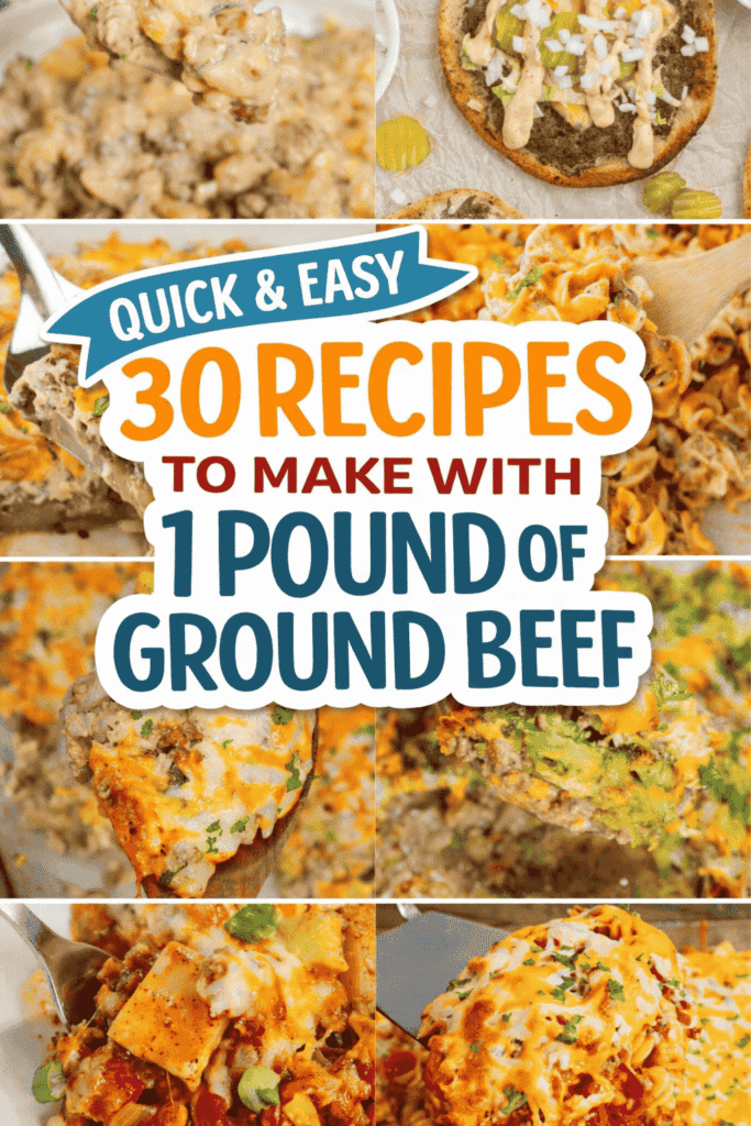 Quick and easy dinner recipes with 1 pound of ground beef. These kid friendly dinners are perfect for busy weeknights, picky eaters, and tight budgets. Cheap ground beef meals, easy hamburger casseroles, simple skillet dinners, taco recipes, pasta bakes, and fast family meals all in one place. Great for easy weeknight dinners, budget friendly recipes, school night meals, quick meal planning ideas, and simple comfort food.