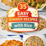 35 easy dinner recipes with rice that are perfect for busy weeknight dinners and family friendly meals. This collection of main dishes includes ground beef and rice, chicken and rice, ground turkey, ground chicken, pork chops, steak, shrimp, and ham favorites. You’ll find one pot meals, cheesy casserole recipes, Instant Pot dinners, taco rice, Mexican rice bowls, fried rice, French onion rice, and queso loaded comfort food. Many recipes use rotisserie chicken, bacon, broccoli, and vegetables for simple prep. These budget friendly, kid approved dinners are perfect for meal prep, feeding a crowd, and easy weeknight cooking.