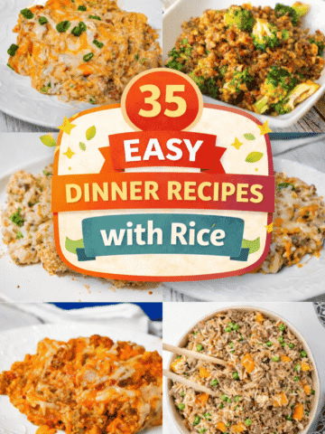 35 easy dinner recipes with rice that are perfect for busy weeknight dinners and family friendly meals. This collection of main dishes includes ground beef and rice, chicken and rice, ground turkey, ground chicken, pork chops, steak, shrimp, and ham favorites. You’ll find one pot meals, cheesy casserole recipes, Instant Pot dinners, taco rice, Mexican rice bowls, fried rice, French onion rice, and queso loaded comfort food. Many recipes use rotisserie chicken, bacon, broccoli, and vegetables for simple prep. These budget friendly, kid approved dinners are perfect for meal prep, feeding a crowd, and easy weeknight cooking.