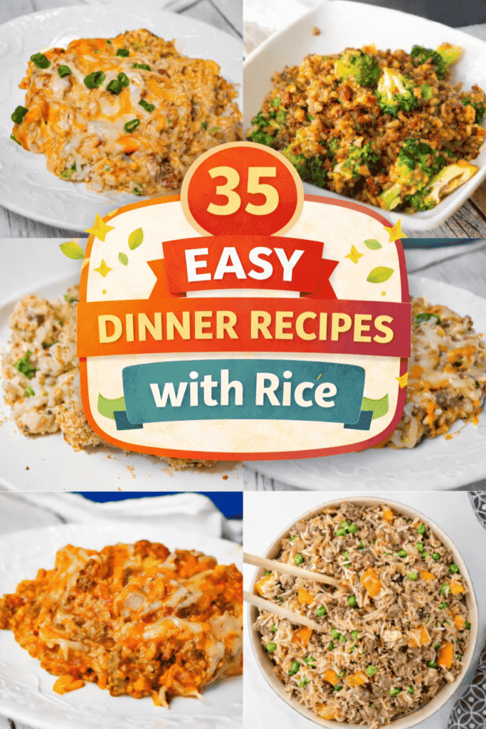 35 easy dinner recipes with rice that are perfect for busy weeknight dinners and family friendly meals. This collection of main dishes includes ground beef and rice, chicken and rice, ground turkey, ground chicken, pork chops, steak, shrimp, and ham favorites. You’ll find one pot meals, cheesy casserole recipes, Instant Pot dinners, taco rice, Mexican rice bowls, fried rice, French onion rice, and queso loaded comfort food. Many recipes use rotisserie chicken, bacon, broccoli, and vegetables for simple prep. These budget friendly, kid approved dinners are perfect for meal prep, feeding a crowd, and easy weeknight cooking.