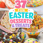 37 fun Easter dessert ideas perfect for parties, family gatherings, church events, and kids school celebrations. This collection includes easy Easter dessert ideas like cake, cheesecake, brownies, pie, cobbler, dump cake, poke cake, icebox cake, and ice cream cake. You’ll find no bake treats, simple desserts for kids to make, and Easter desserts for kids and adults alike. Recipes feature mini eggs, M&Ms, Oreos, strawberries, fruit, cream cheese, and marshmallows for festive spring flavor. Enjoy dirt cake, peanut butter marshmallow bars, Rice Krispie treats, cinnamon rolls, sugar cookies, and fluff salad desserts that are perfect for potlucks, work parties, toddlers, and make ahead desserts to impress a crowd.