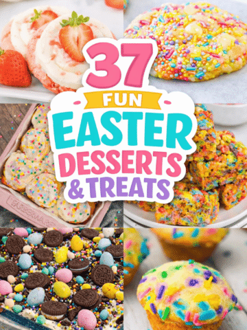 37 fun Easter dessert ideas perfect for parties, family gatherings, church events, and kids school celebrations. This collection includes easy Easter dessert ideas like cake, cheesecake, brownies, pie, cobbler, dump cake, poke cake, icebox cake, and ice cream cake. You’ll find no bake treats, simple desserts for kids to make, and Easter desserts for kids and adults alike. Recipes feature mini eggs, M&Ms, Oreos, strawberries, fruit, cream cheese, and marshmallows for festive spring flavor. Enjoy dirt cake, peanut butter marshmallow bars, Rice Krispie treats, cinnamon rolls, sugar cookies, and fluff salad desserts that are perfect for potlucks, work parties, toddlers, and make ahead desserts to impress a crowd.