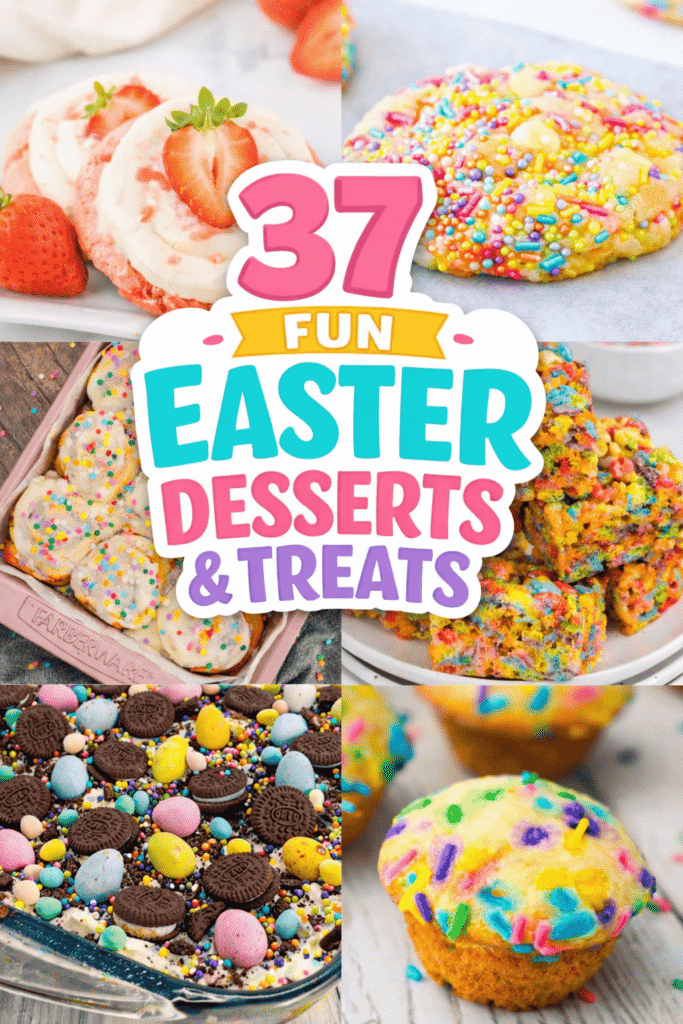37 fun Easter dessert ideas perfect for parties, family gatherings, church events, and kids school celebrations. This collection includes easy Easter dessert ideas like cake, cheesecake, brownies, pie, cobbler, dump cake, poke cake, icebox cake, and ice cream cake. You’ll find no bake treats, simple desserts for kids to make, and Easter desserts for kids and adults alike. Recipes feature mini eggs, M&Ms, Oreos, strawberries, fruit, cream cheese, and marshmallows for festive spring flavor. Enjoy dirt cake, peanut butter marshmallow bars, Rice Krispie treats, cinnamon rolls, sugar cookies, and fluff salad desserts that are perfect for potlucks, work parties, toddlers, and make ahead desserts to impress a crowd.